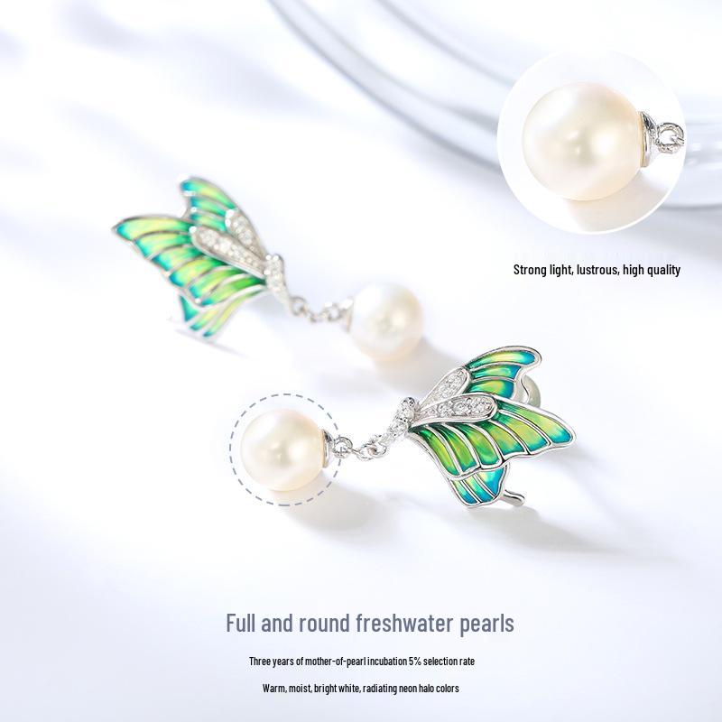 Butterfly Dream Enamel Pearl Earrings: S925 Sterling Silver, Fashionable Design