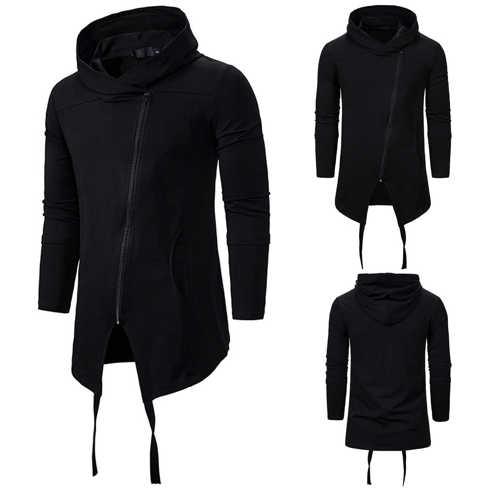 

Мужские осенние и зимние трендовые однотонные темные длинные свободные пальто в стиле панк с капюшоном