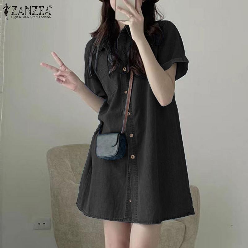ZANZEA Damen Kurzarm Revers Einfarbig Denim Midi Kleider