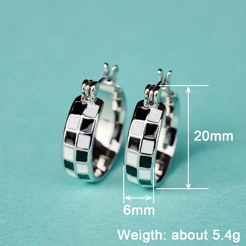 Huitan Women Hoop Earrings Black and White Checked Design Elegant Accessories for Party Daily Graceful Fashion Metal Jewelry