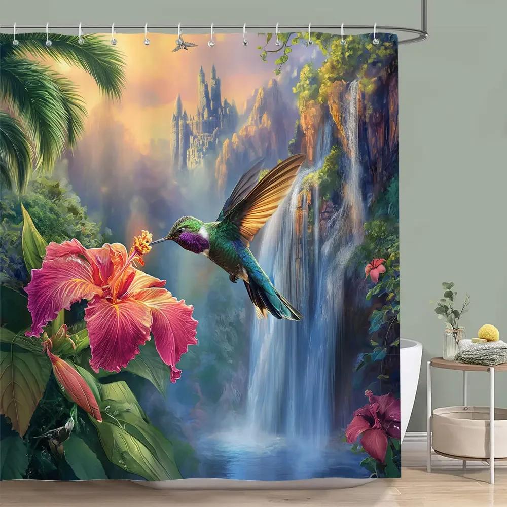 Beautiful Hummingbird Floral Shower Curtain Butterfly Flower Botanical Watercolour Print Polyester Shower Curtain Bathroom Decor