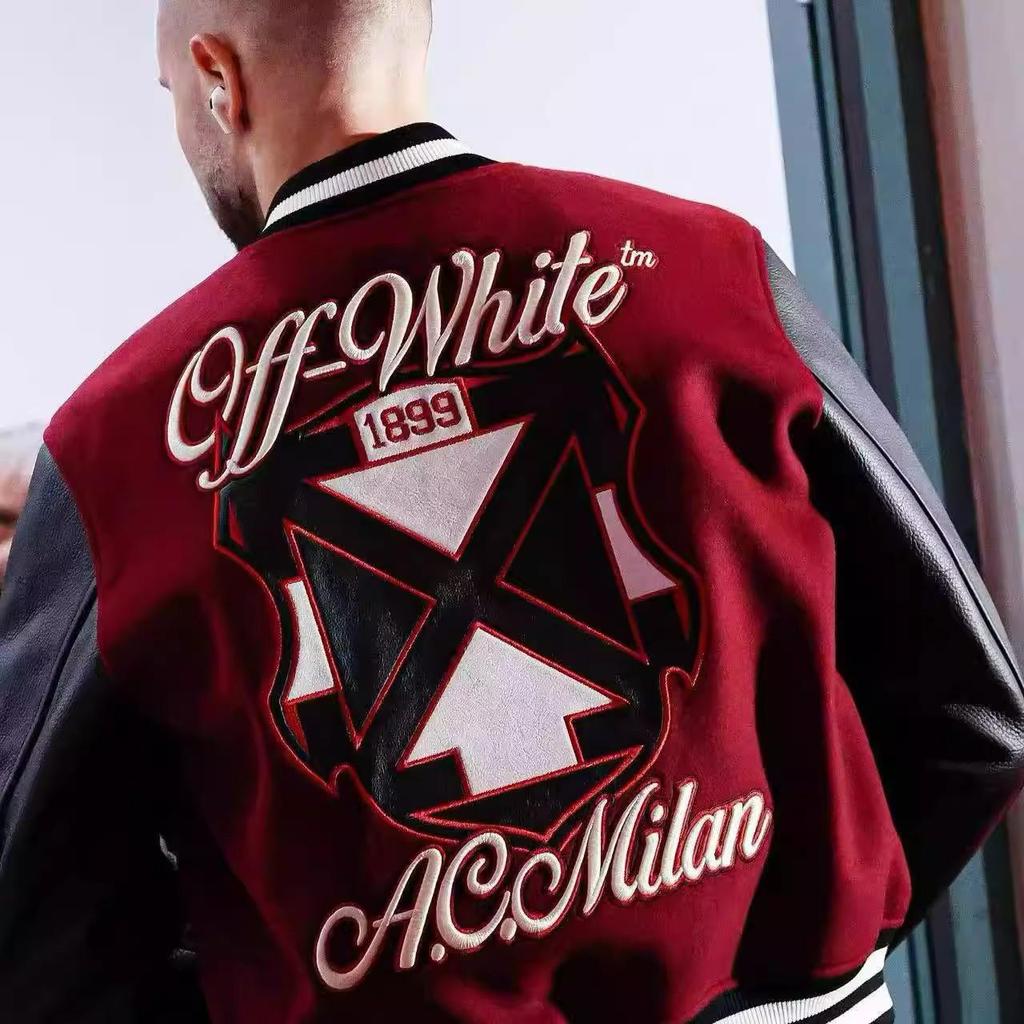 OFF25SS Trendy White & Red Leather Embroidery Baseball Jacket for Couples - Men's & Women's Short Style