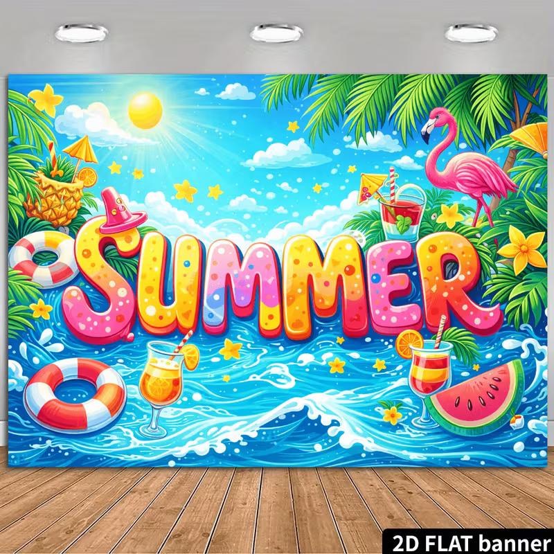 2D Colorful Summer Banner with Waves, Sun & Flamingo for Photoshoot