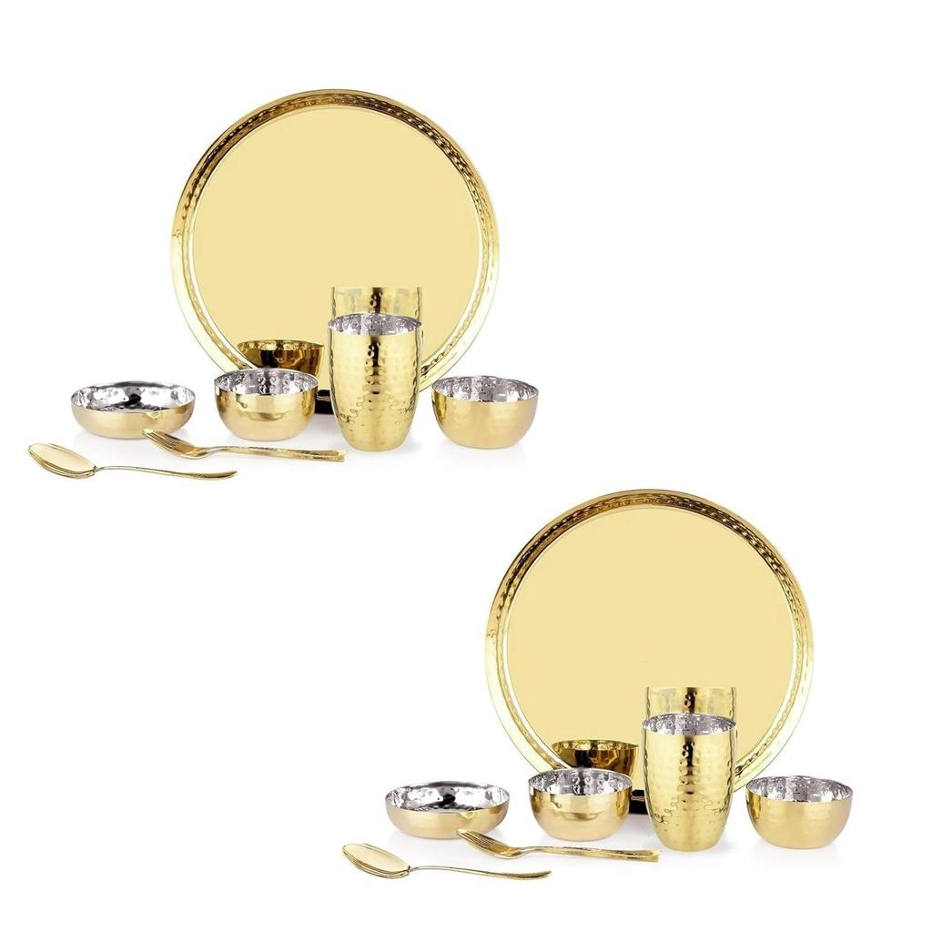 Heavy Gauge Stainless Steel Dinner Set | Gold PVD Plated Steel Thali Set | Stainless Steel Dinner Set for Kitchen | Thali Set for Dinner | Pack of 2