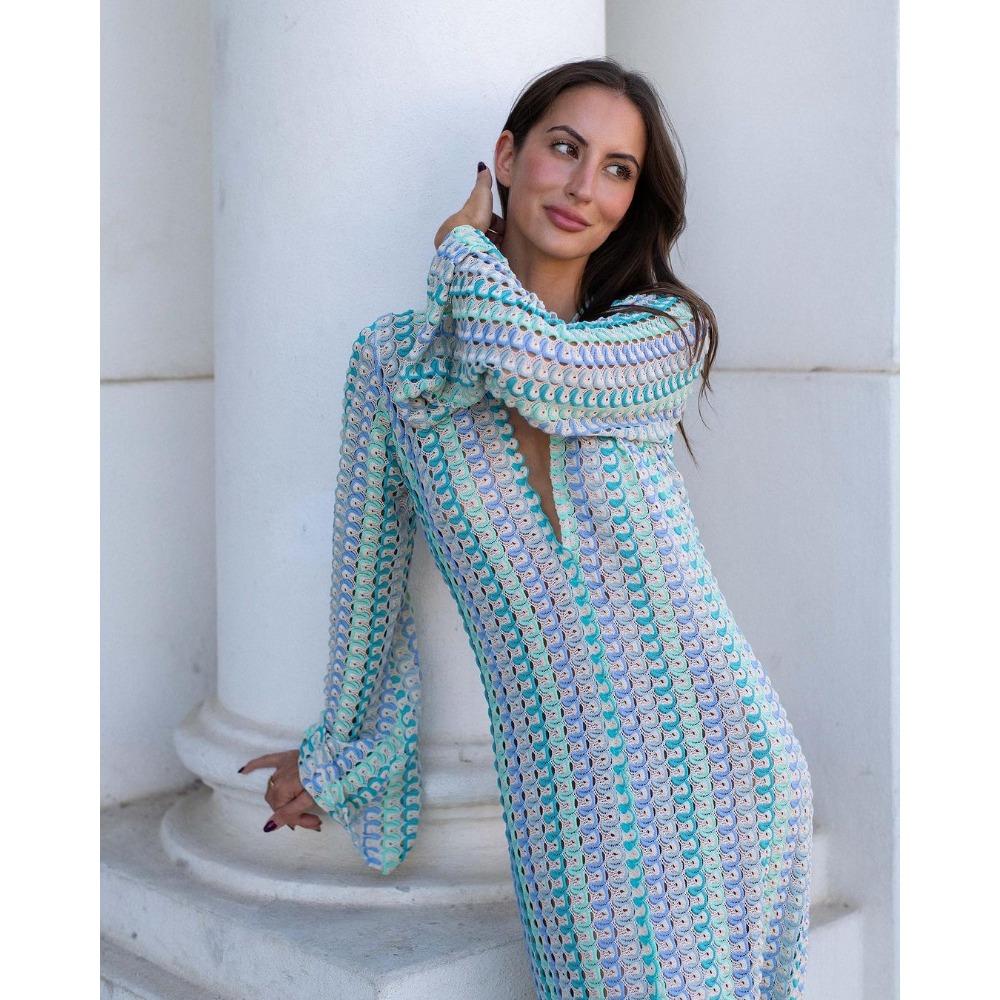 Crochet Colorful Stripe Maxi Dress Women Flare Sleeve V-neck High Split Sexy Long Dresses Beach Banquet Vestidos