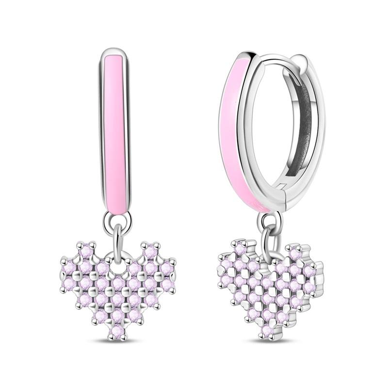 

Original 925 Sterling Silver Heart Pink Earrings Women Zircon Ear Studs Sparkling Pave Hoop Earring Anniversary Jewelry Gift