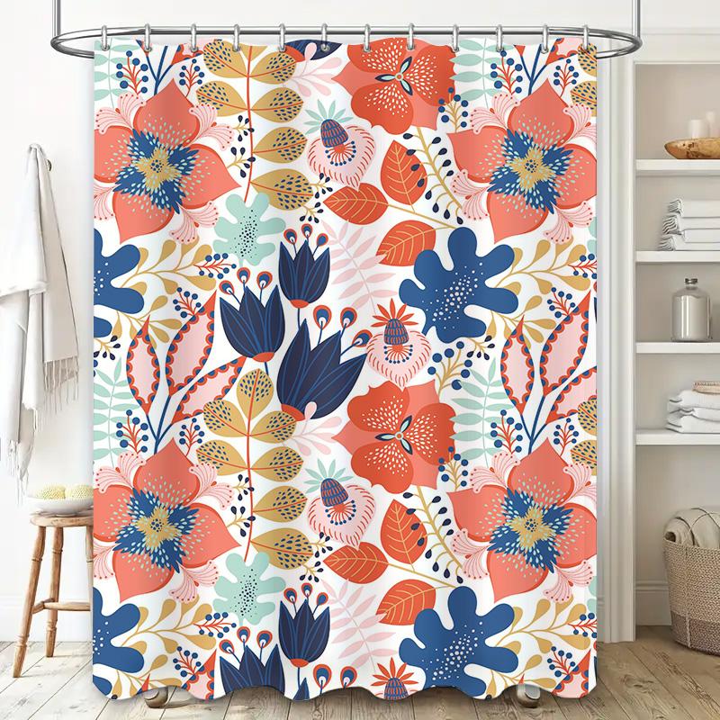 Floral Shower Curtain Bath Mat Decor, Modern Printed Waterproof Fabric Bathroom Rug Set Pink Blue Orange Green Leaves Flower Des