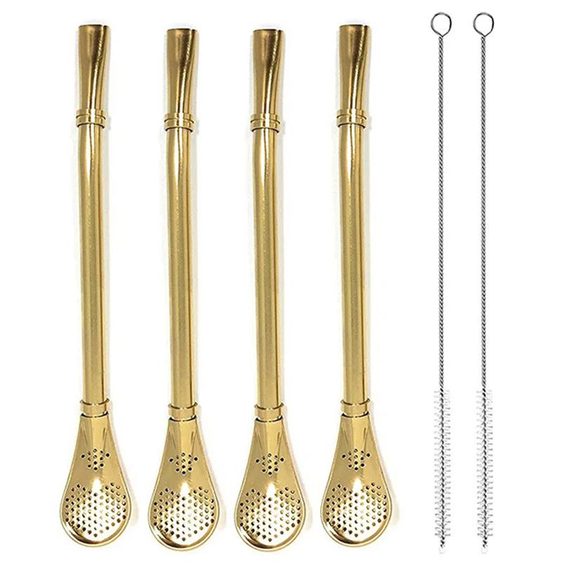 4Pcs Spoons Straws Yerba Mate Tea Bombilla Stainless Steel Straws Drinking Stirring Spoon Head Filter Straws for Cocktail Coffee