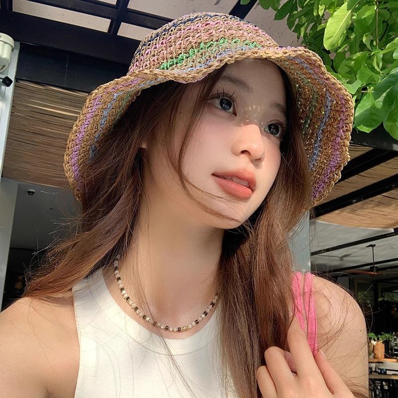 South Korea Spring And Summer Thin Handmade Knitted Fisherman'S Hat Children'S Colored Striped Basin Hat Versatile Sunscreen Shade Straw Hat