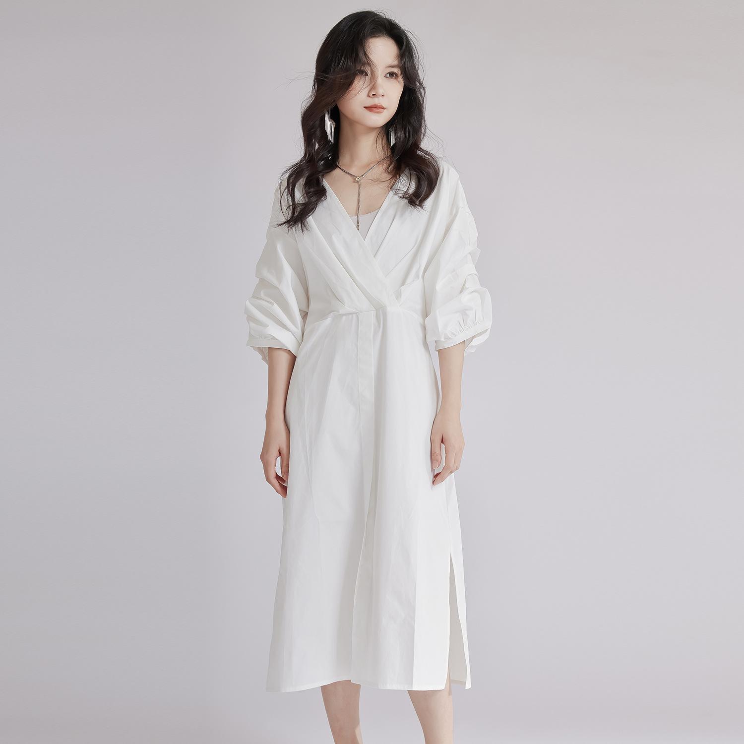 

Johnature Summer Women Dress V-neck High Waist Pinch Pleated Mid-Sleeve Three-dimensional Flower Casual French Dresses L белый