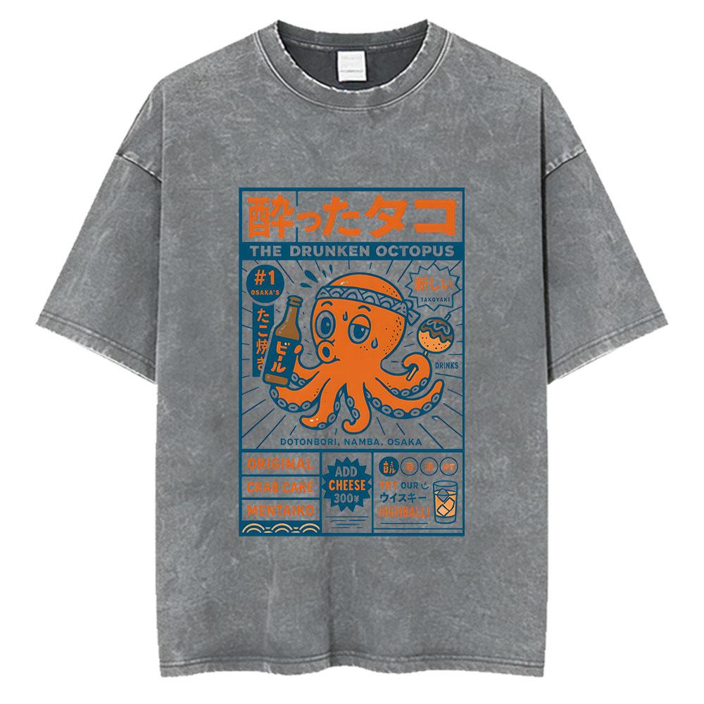 Vintage Washed Osaka Dotonbori Drunken Octopus Takoyaki Funny T Shirts Men Women Retro Japanese Style Oversized Cotton TShirts