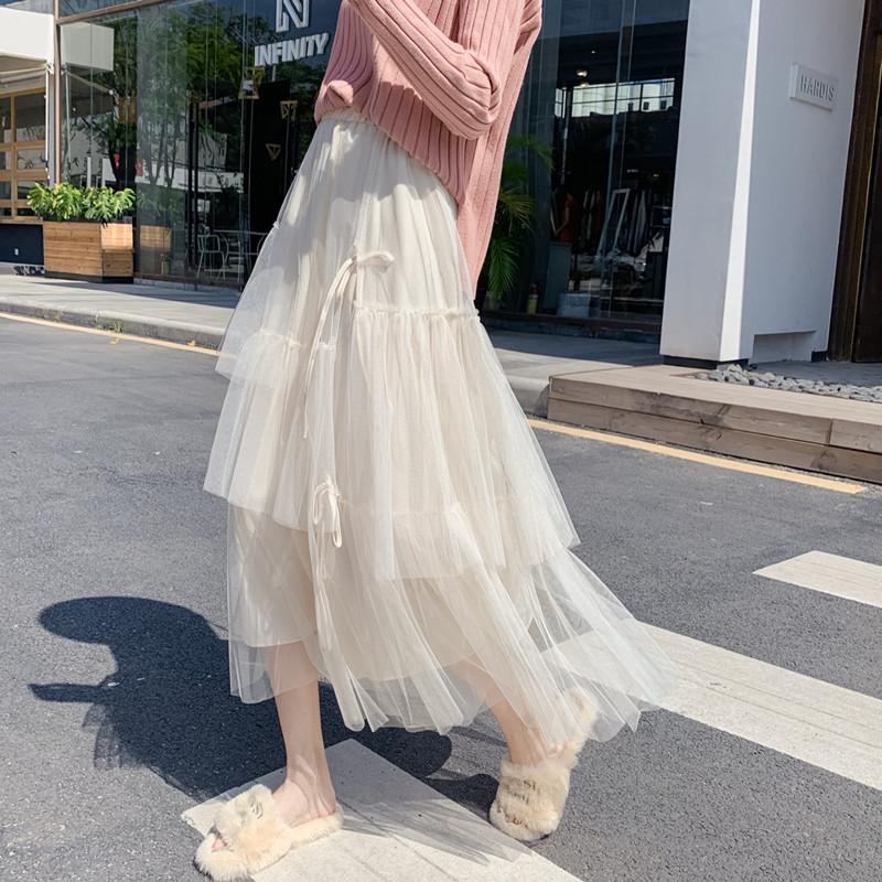 

Women s Summer Korean Style Fashion Tulle Lady Loose Ruffled Half Skirt Solid Color Flowy Tiered Cake Long Skirt S абрикосовий