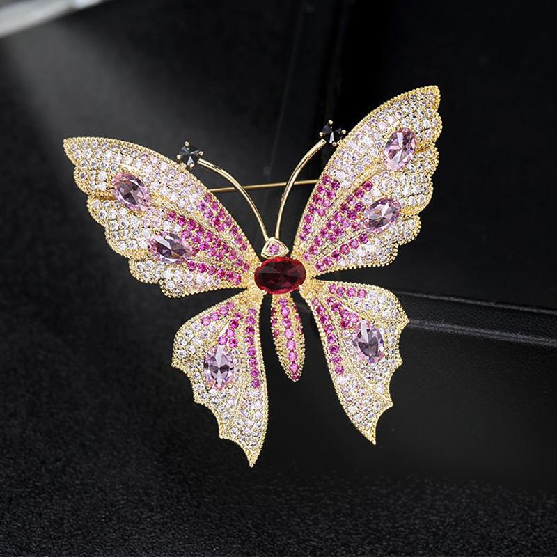 Lucky Star Jewelry Women's Red Suyu Copper Inlaid Cubic Zirconia Lovely Temperament Butterfly Brooch Fashion Coat Suit Pin Accessories Gift