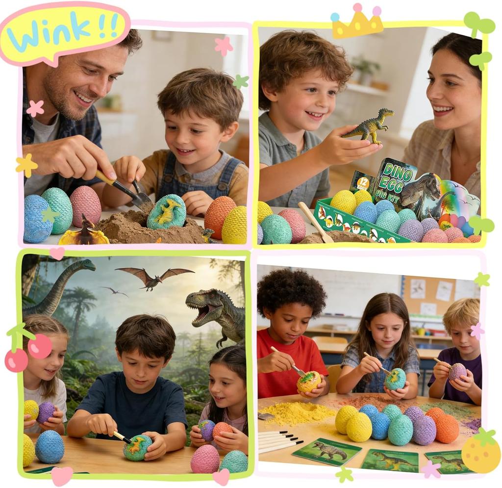 12Pack Easter Dino Egg Dig Kit, Dinosaur Excavation Toy with Tools & Learning Cards, STEM Archaeology Science Set, Easter Party
