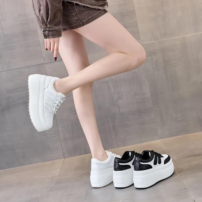 Fashion 8cm Trend Leather Women Synthetic Chunky Sneakers Spring Skateboarding Casual Platform Wedge Female Autumn Vulcanize Shoes