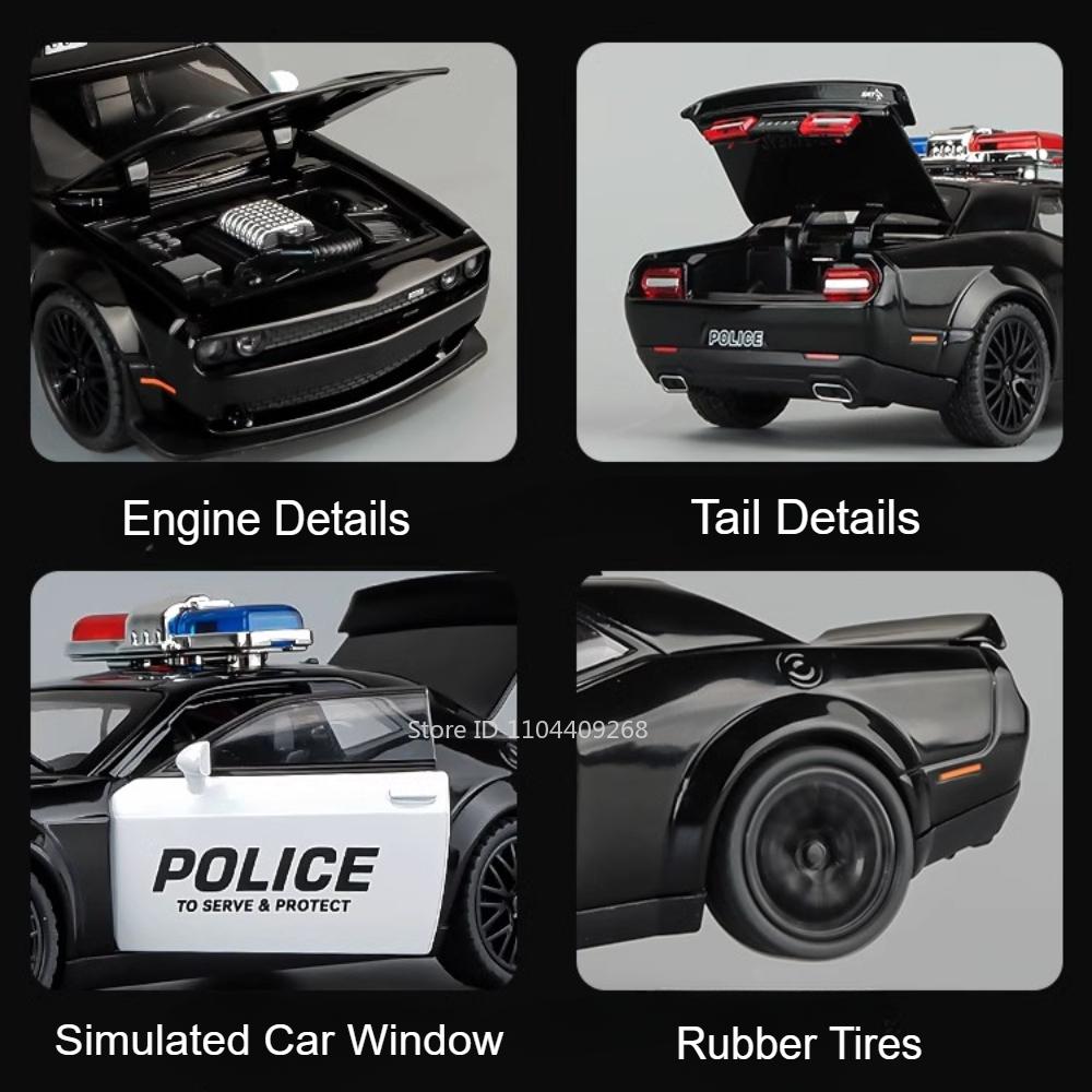 Scale 1:32 Hellcat Police Car Charger Challenger 1970 Model Toy Alloy Diecast Pull Back Sound Light Vehicle for Boys Presents