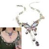 Handmade Crystal Embellished Butterfly Heart Pendant Necklace Adjustable Neckchain with Delicate Fringe Movement
