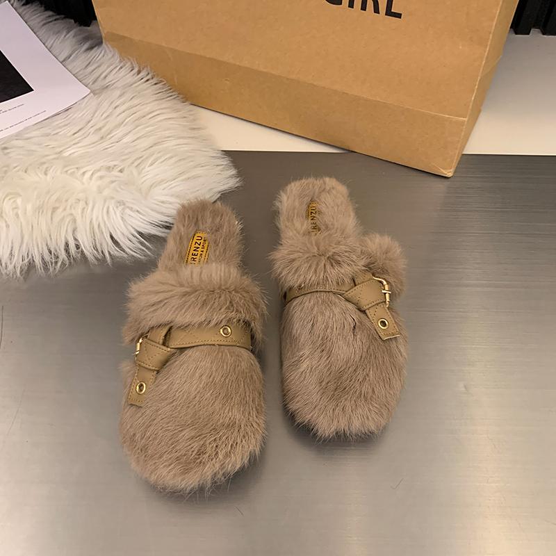 Winter New Baotou Slippers Women's Round Head Plush Deep Mouth Rivet Soft Sole Anti-slip Wear-resistant Flat Shoes