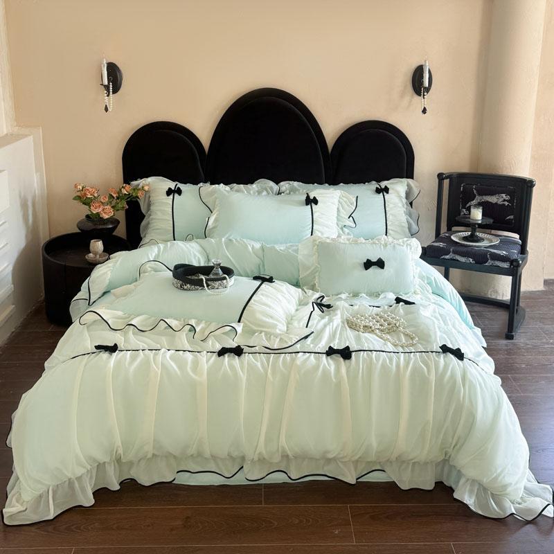 Romantic Lace Princess Black Bow Bedding Set Pink Korean Style Duvet/Comforter Cover Set Bed Sheet/Fitted Sheet Pillowcases 4Pcs