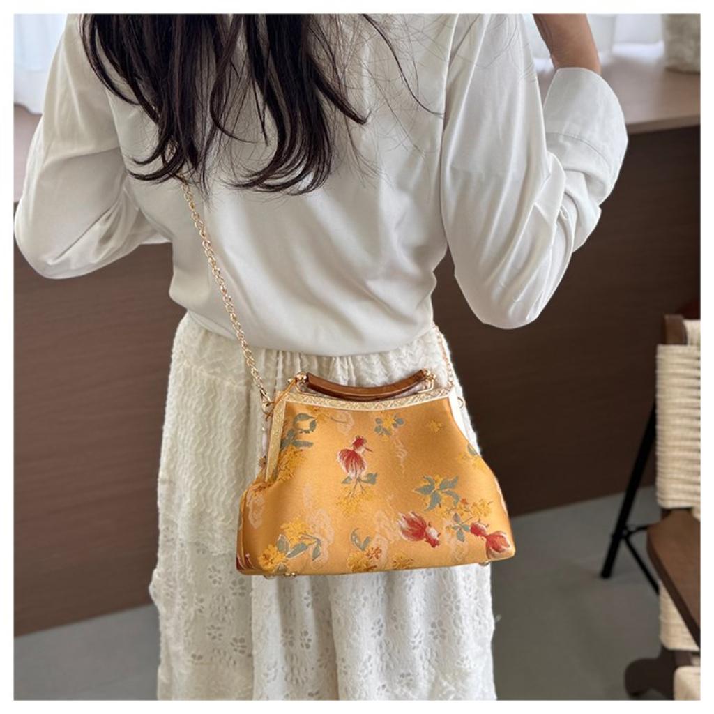 Shoulder Bag Women Cloth Embroidery Floral Chain Strap Daily Commute