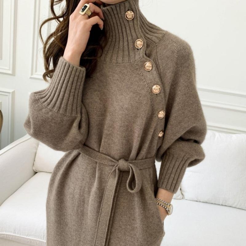 Autumn and winter clothing retro sweater skirt women's loose and thin high neck over the knee two wear lace-up waist knitted dress