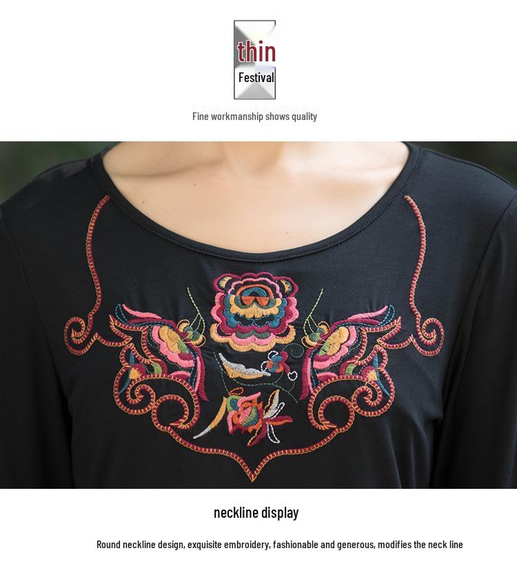 Women's Slimming Ethnic Embroidered Ruffle T-shirt