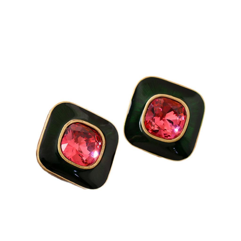 Medieval Fashion Geometric Block Enamel Inlaid Gemstone Necklace Bracelet Earring Temperament Set Jewelry