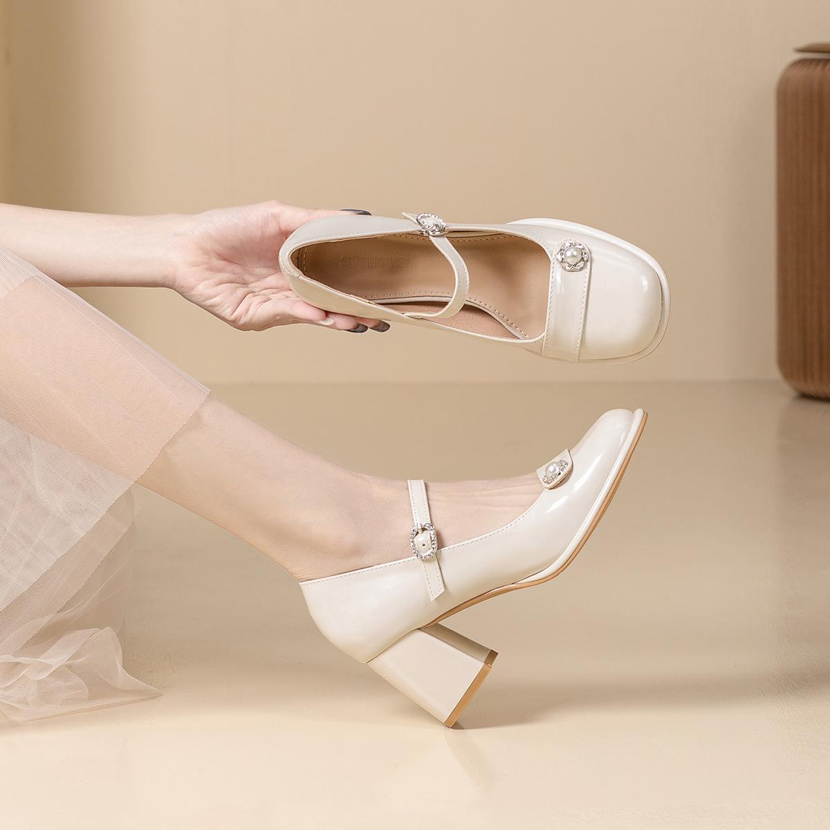 

French Mary Jane shoes thick heel 2025 spring and summer new round head high heels versatile princess shallow mouth single shoes women 34 абрикосовый