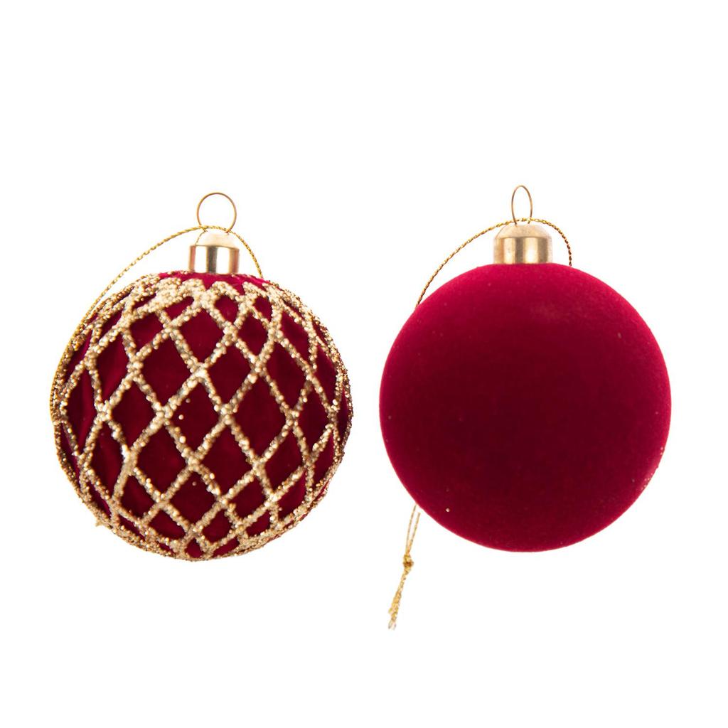 6cm Burgundy Flocked Christmas Baubles with Gold Glitter, 48Pcs Gift Box, 4 Patterns Xmas Tree Hanging Ornaments