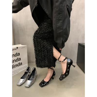 Premium Francuskie Srebrne Buty Retro Mary Jane Małe Skórzane Buty Damskie Buty Ze Spódnicą Wysokie Obcasy Lekkie Buty