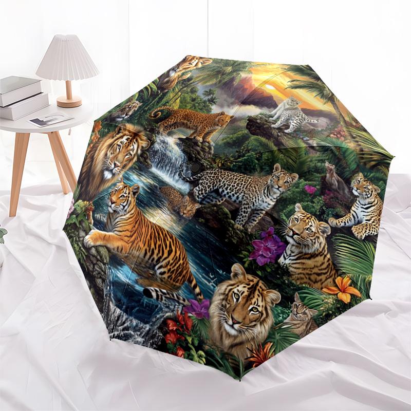1 PC Automatic Folding Umbrella - Tiger Jungle Wildlife Pattern, Portable & Foldable Design with 8 Ribs, Christmas Birthday Gifts