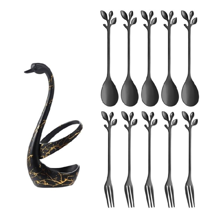 Rustproof Stainless Steel Ice Creams Spoon And Cocktails Fork Pack With Elegant Cygnet Stand Base For Gift