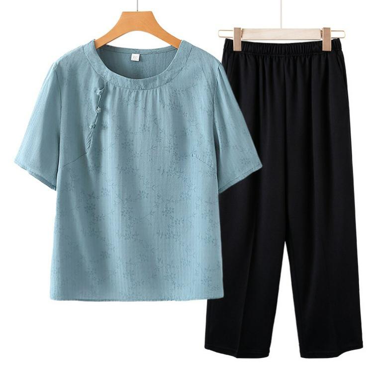 Sommerkleidung für Mütter, Chinesischer Stil, Nationaler Stil T-Shirt, Kleines Hemd Anzug, Westlicher Stil Damen Zweiteiler Anzug