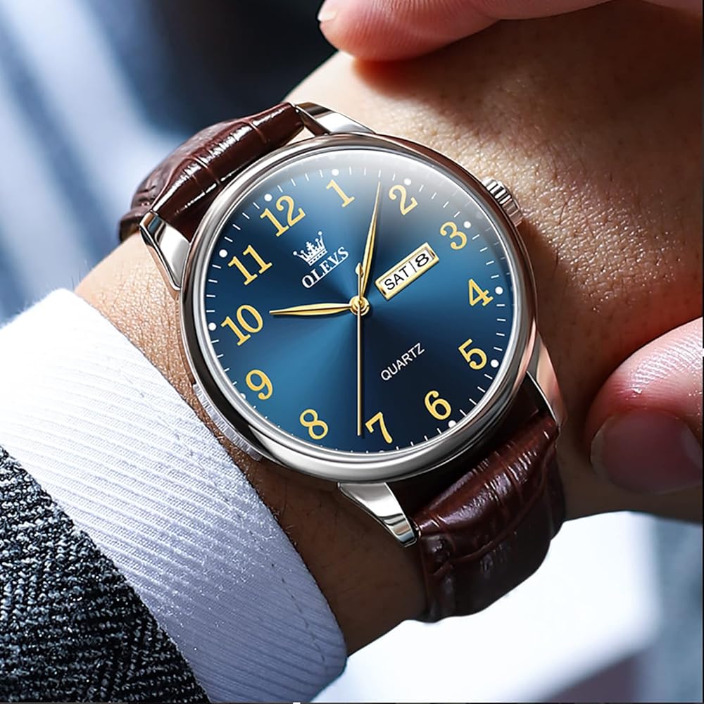 OLEVS Men's Casual Analog Watch Brown Leather Band Waterproof Business Quartz Date Display