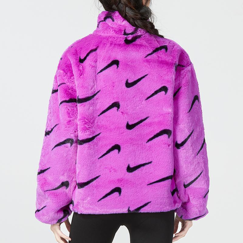 Nike Giacca Nswfx con Pelliccia Aop Stampa Logo Collo Alto Finta Pelliccia Calda Cotone Cappotto Giacca Donna Viola Scuro DQ6843-551