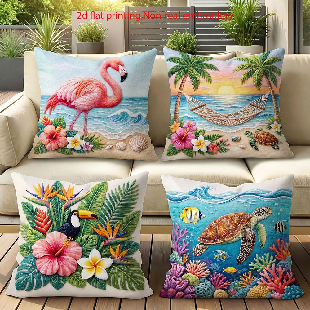1/4pcs Tropical Paradise Toucan & Hibiscus Throw Pillow Cover Home Farmhouse Outdoor Decoration Cushion Cover