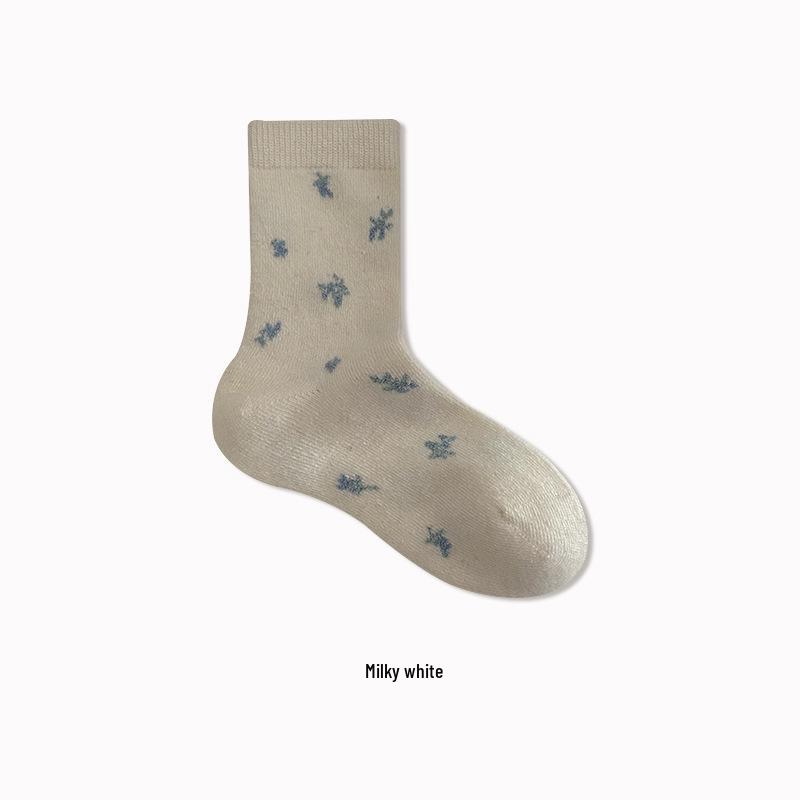 Women's Khaki Wool Mid-Calf Socks - Autumn/Winter Floral Scrunch, Cashmere-Blend, Thick & Warm