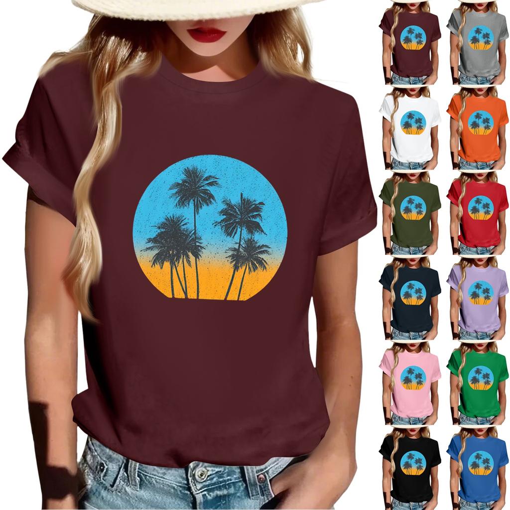 Women's Fashionable Round Neck Casual Retro Print Short Sleeved T-shirt Top