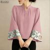 ZANZEA Blusa holgada casual para mujer con cuello en V, estampado patchwork, manga 3/4