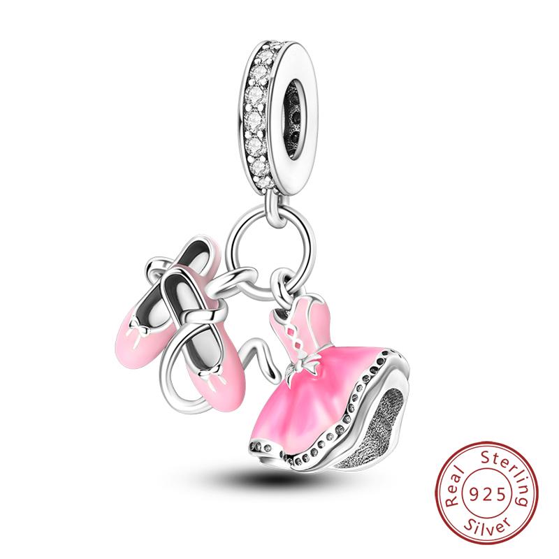 Sweet Romantic Princess Charms S925 Silver Pink Dress Lipstick High Heels Perfume Beads 3mm DIY Fine Jewelry Accessories