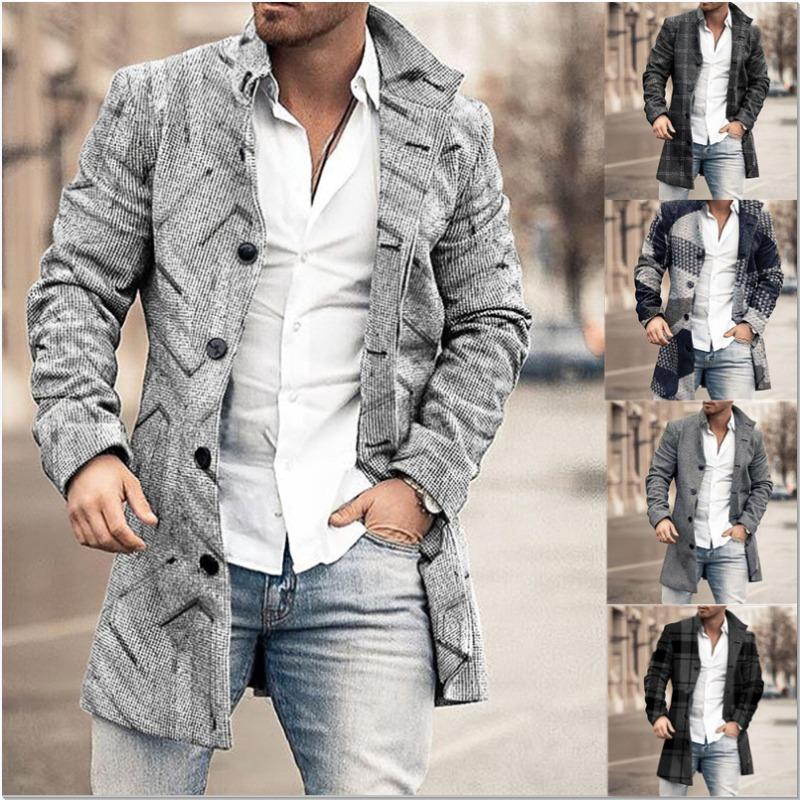 

Men’s Long Wool Blend Printed Coat with Turn Down Collar M