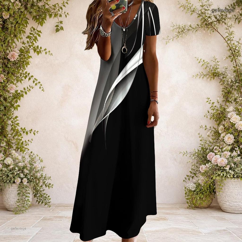 Women Plus Size V Neck Short Sleeve Printed Pink White Long Straight Dress