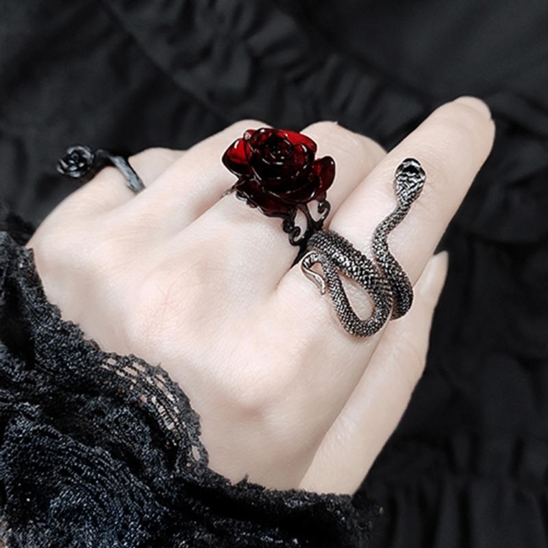Elegant Red Rose Rings Punk Gothic Flower Adjustable Open Rings Halloween Party Cosplay Rings Jewelry Gifts for Women