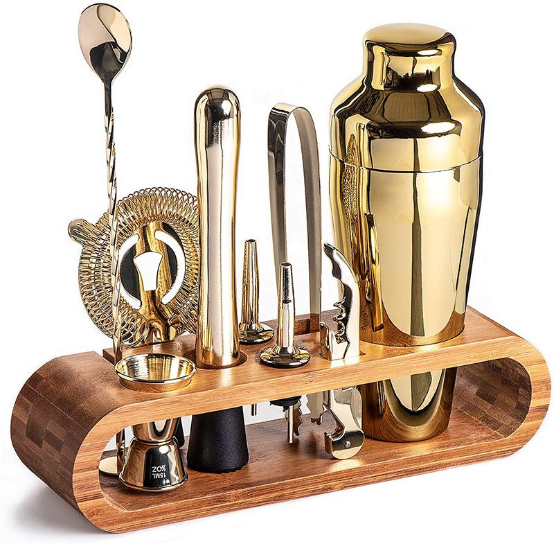 Cocktailbar-Set Mixologie Barkeeper-Set: 10-teiliges Barwerkzeug-Set mit stilvollem Bambusständer