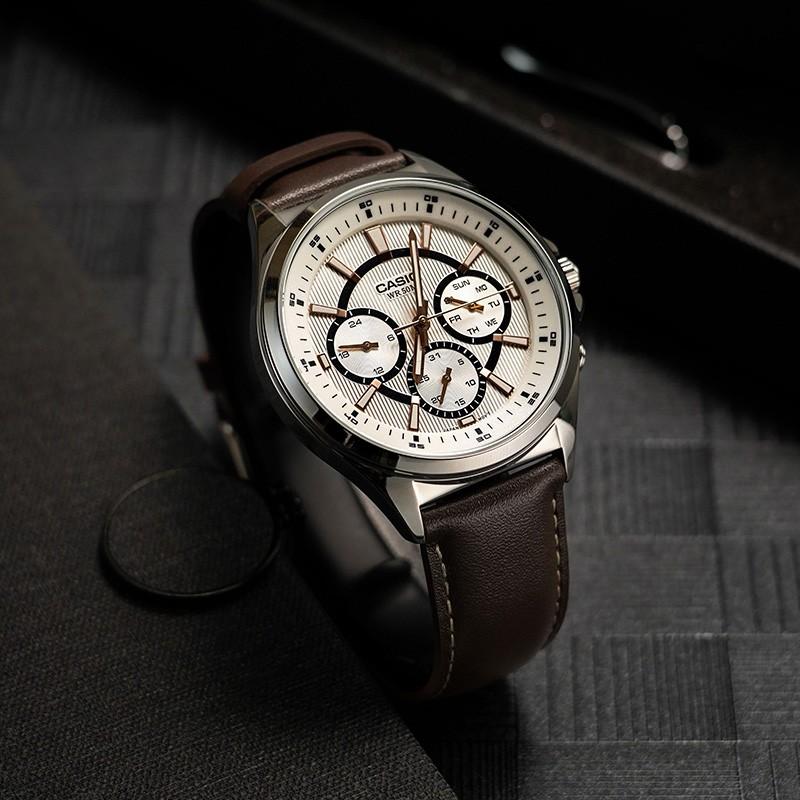 Casio STANDARD Series DRESS Series Waterproof Business Quartz Movement Leather Strap Japanese and Korean Watch Men's Watch White MTP-E303L-7AVDF