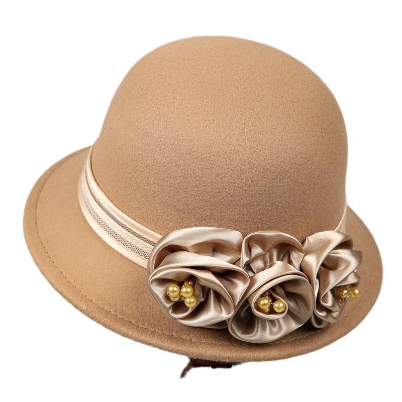 Medelålders hatt dam vinter varm hinkhatt höst och vinter mångsidig blommig topphatt Brittisk mode ullhinkhatt