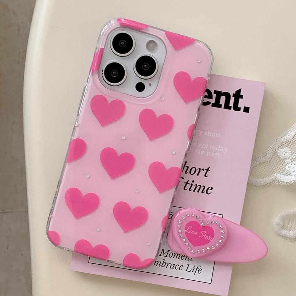 Cute Pink Heart Love Pattern Bracket Stand Holder Phone Case for IPhone 16 15 14 13 Pro Max Shockproof Slim Soft Bumper Cover