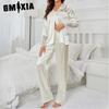 GMXIA Women's Pajamas Autumn and Winter Lace Mesh Long-sleeved Trousers Two-piece Silk Homewear