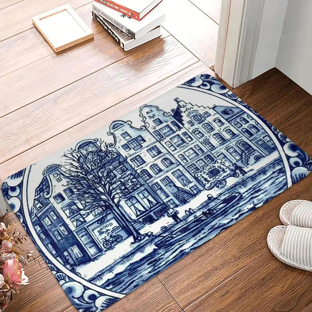 

Ретро Нескользящий Коврик Придверный Коврик Коврик для Гостиной DUTCH BLUE DELFT Винтажные Лодки в Канале Амстердама Принт Напольный Ковер Домашний Декоративный 40x60cm