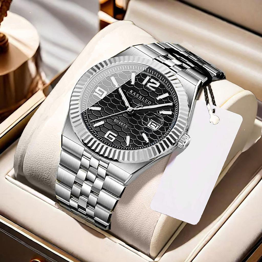 Men'S Watch Stainless Steel Waterproof Non-Mechanical Luminous Calendar Fashion Steel Belt Quartz Watch